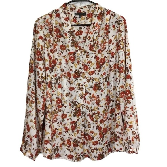 Adrianna Papell Tops - Adrianna Papell Womens XL Floral V-Neck Blouse Long Sleeve Rust Mustard